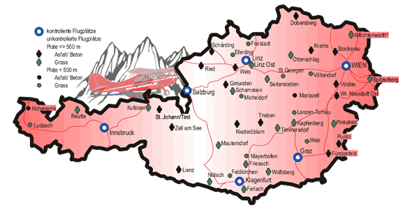 Flugplatz Verzeichnis Österreich - grafische Darstellung mit Direktlinks zu den einzelnen Flugplätzen